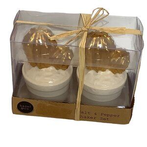 Hazel & Co. Gold Cacti Salt & Pepper Shaker Set White Base Cactus NEW